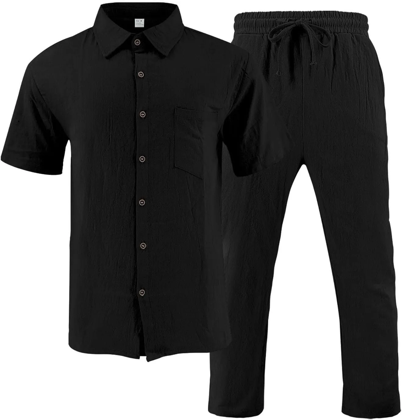 Mens 2 Piece Cotton Linen Set Short Sleeve Button down Shirts Wide Straight Leg Pant Casual Beach Vacation Lounge Set