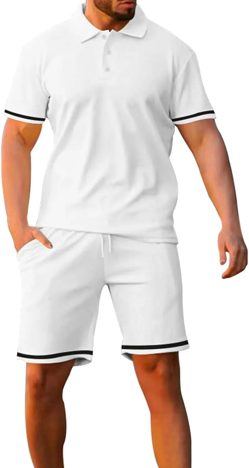 Men's 2 Piece Outfits Casual Sets Short Sleeve Polos Shirts and Drawstring Beach Shorts Summer Tracksuits Lounge Sets
