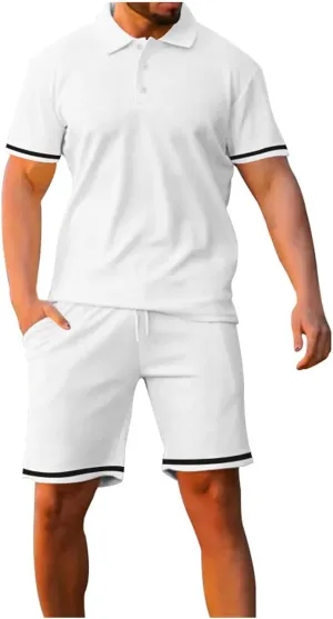 Men's 2 Piece Outfits Casual Sets Short Sleeve Polos Shirts and Drawstring Beach Shorts Summer Tracksuits Lounge Sets