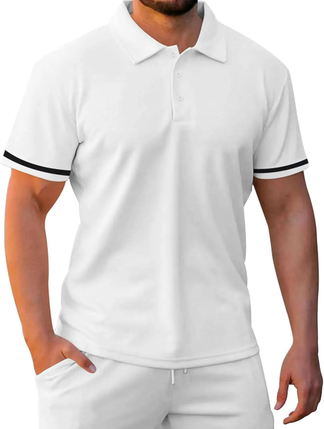 Men's 2 Piece Outfits Casual Sets Short Sleeve Polos Shirts and Drawstring Beach Shorts Summer Tracksuits Lounge Sets