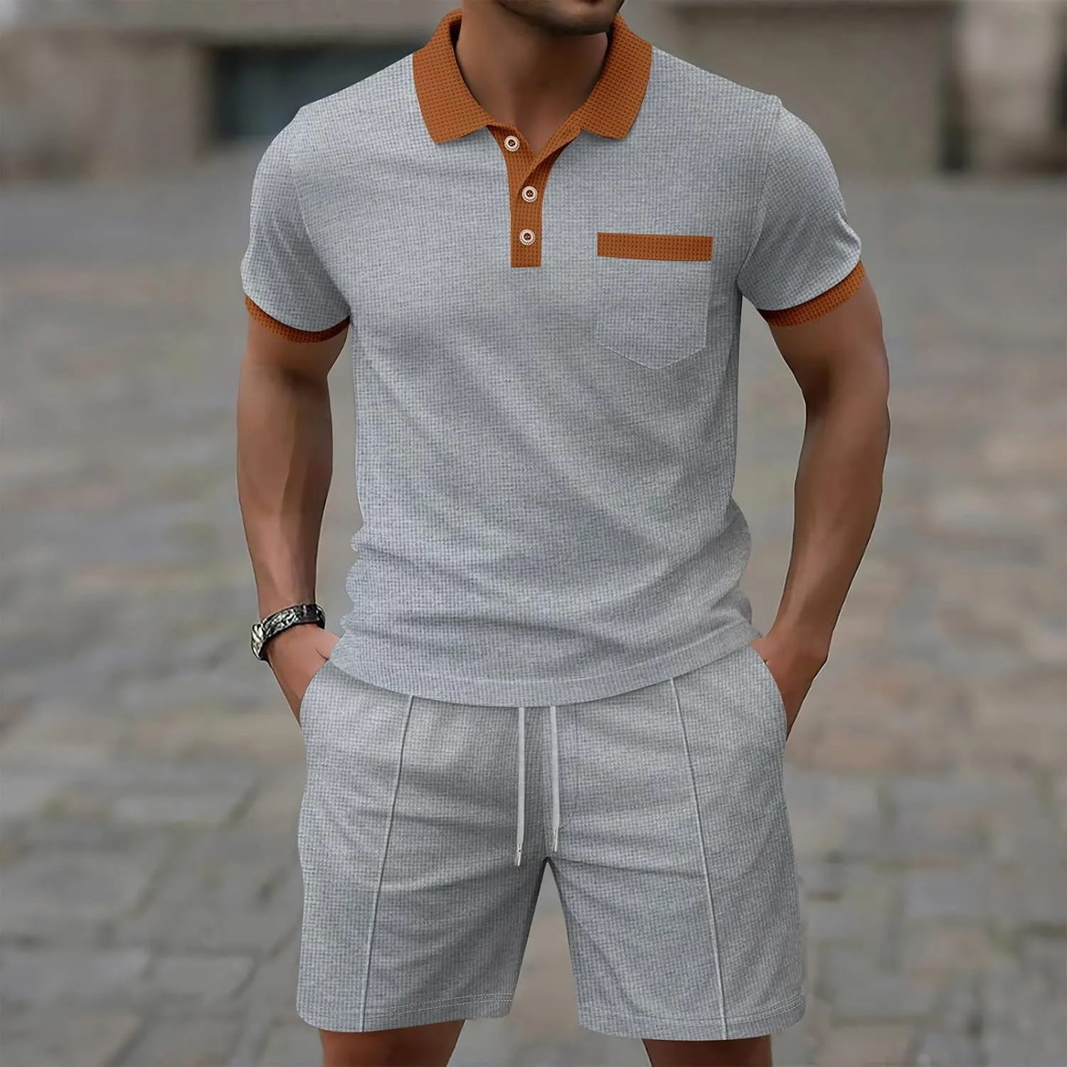 Mens 2 Piece Outfits Casual Summer Fashion Lounge Sets Short Sleeve Polos Shirts and Shorts Matching Set with Pockets