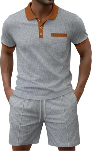 Mens 2 Piece Outfits Casual Summer Fashion Lounge Sets Short Sleeve Polos Shirts and Shorts Matching Set with Pockets
