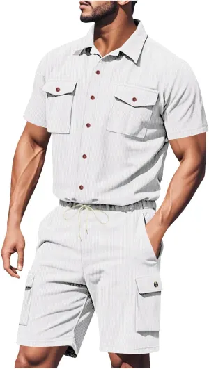 Mens 2 Piece Outfits Fashion Button down Short Sleeve Shirt Drawstring Cargo Shorts Lounge Set Loose Summer Sweatsuit