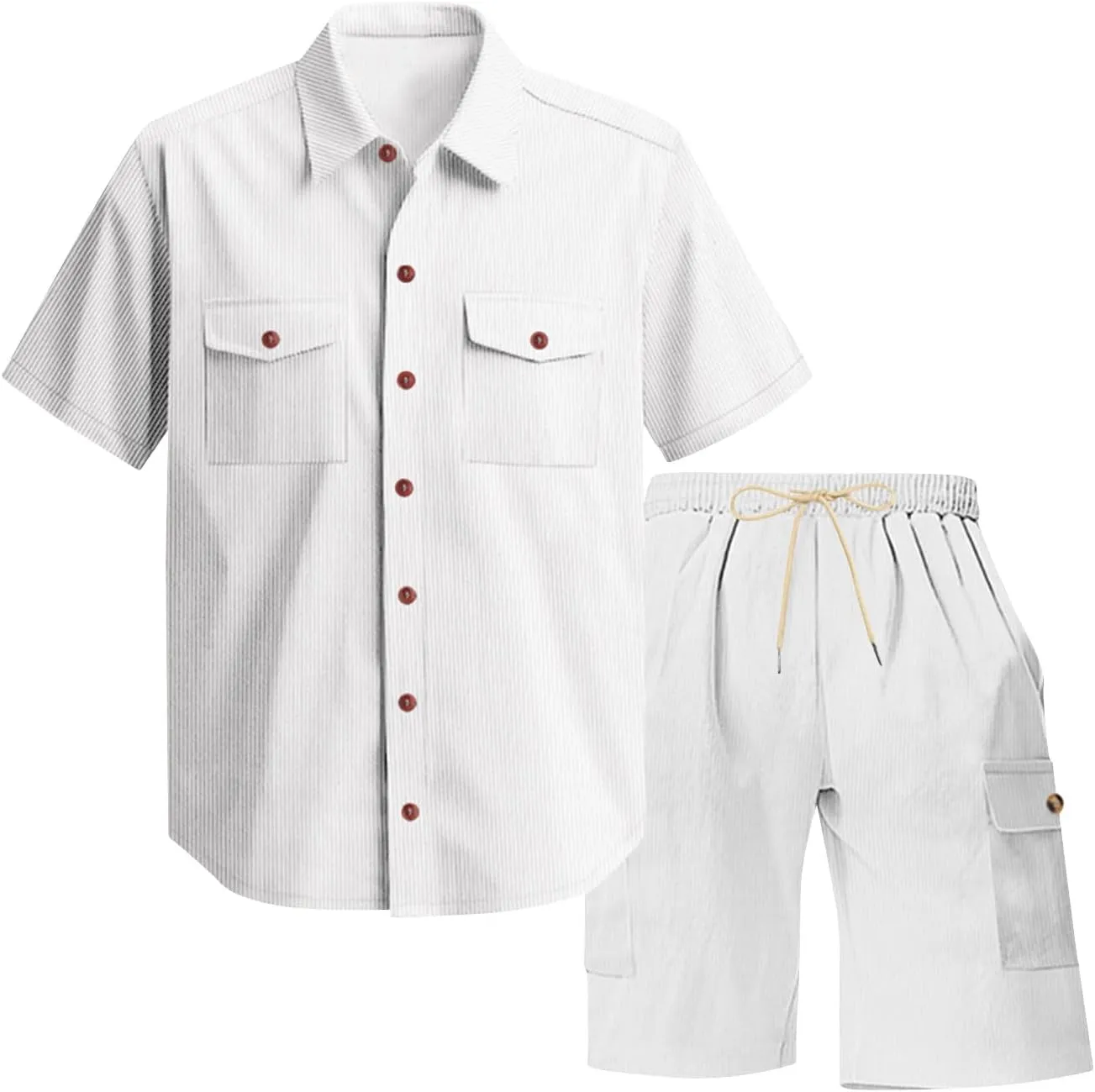 Mens 2 Piece Outfits Fashion Button down Short Sleeve Shirt Drawstring Cargo Shorts Lounge Set Loose Summer Sweatsuit