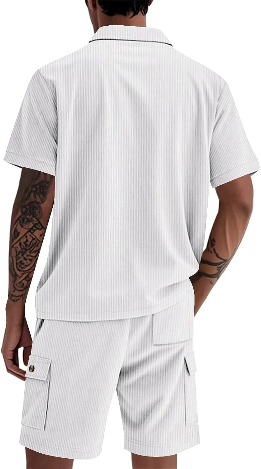 Mens 2 Piece Outfits Fashion Button down Short Sleeve Shirt Drawstring Cargo Shorts Lounge Set Loose Summer Sweatsuit