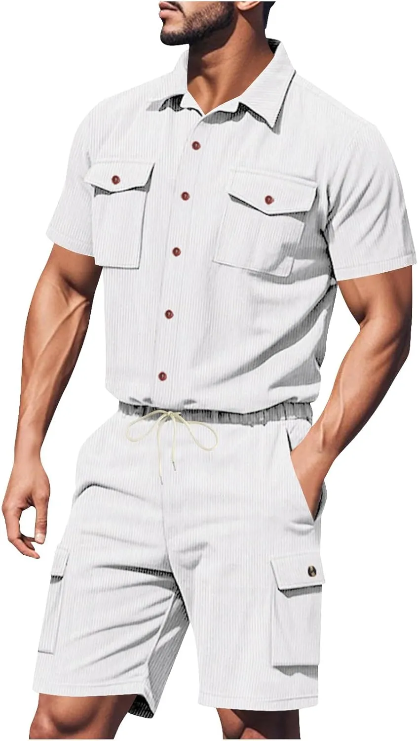 Mens 2 Piece Outfits Fashion Button down Short Sleeve Shirt Drawstring Cargo Shorts Lounge Set Loose Summer Sweatsuit
