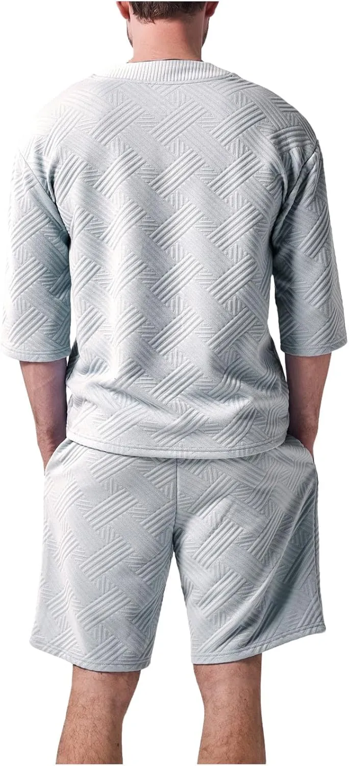 Mens 2 Piece Outfits Fashion Summer Short Sleeve V Neck Shirts Shorts Lounge Sets Comfy Baggy Sweatsuits with Pockets
