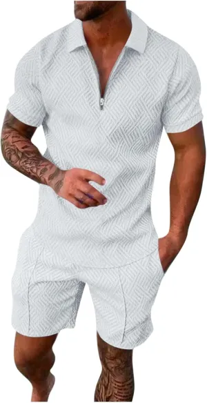 Men's 2 Piece Outfits Short Sleeve Polos Shirts Shorts Set Casual Summer Beach Vacation Lounge Sets Jogging Tracksuit