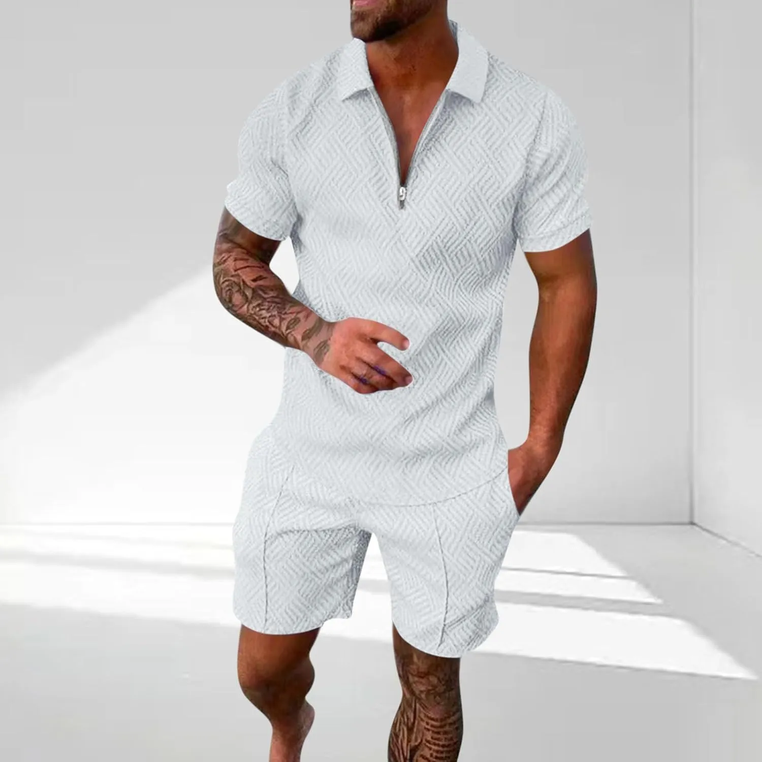 Men's 2 Piece Outfits Short Sleeve Polos Shirts Shorts Set Casual Summer Beach Vacation Lounge Sets Jogging Tracksuit