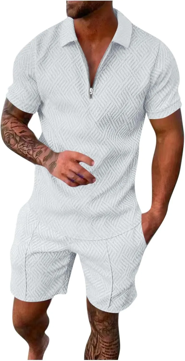 Men's 2 Piece Outfits Short Sleeve Polos Shirts Shorts Set Casual Summer Beach Vacation Lounge Sets Jogging Tracksuit