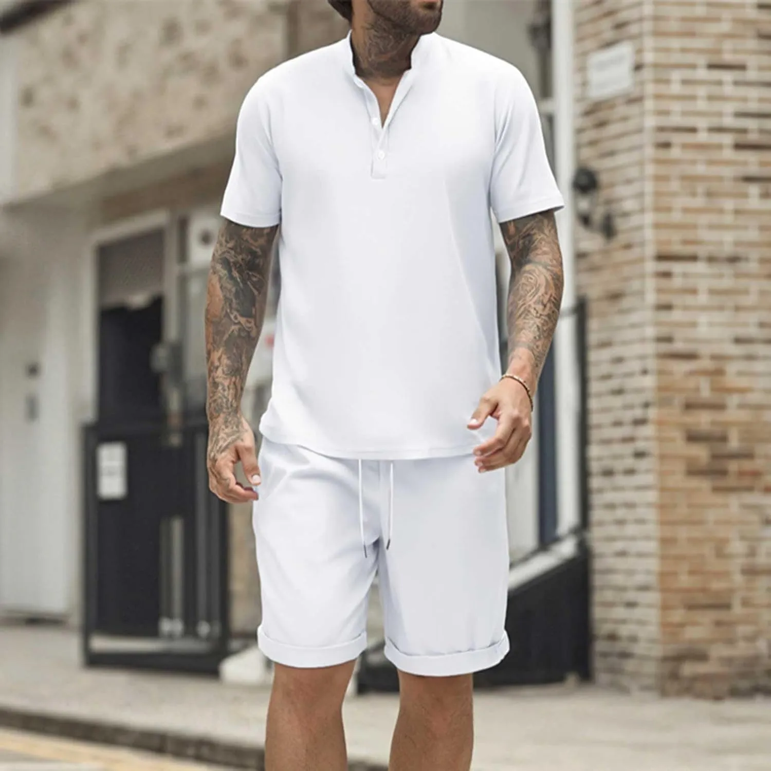 Mens 2 Piece Outfits Summer Beach Vacation Resort Wear Short Sleeve Henley Shirts with Shorts Fashion 2025 Lounge Set