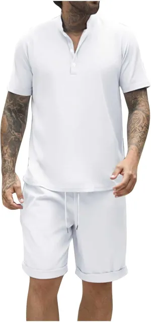 Mens 2 Piece Outfits Summer Beach Vacation Resort Wear Short Sleeve Henley Shirts with Shorts Fashion 2025 Lounge Set