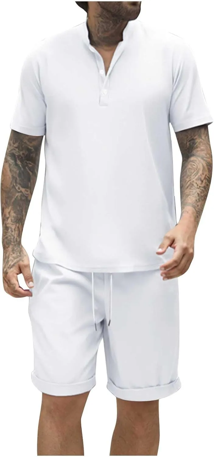Mens 2 Piece Outfits Summer Beach Vacation Resort Wear Short Sleeve Henley Shirts with Shorts Fashion 2025 Lounge Set