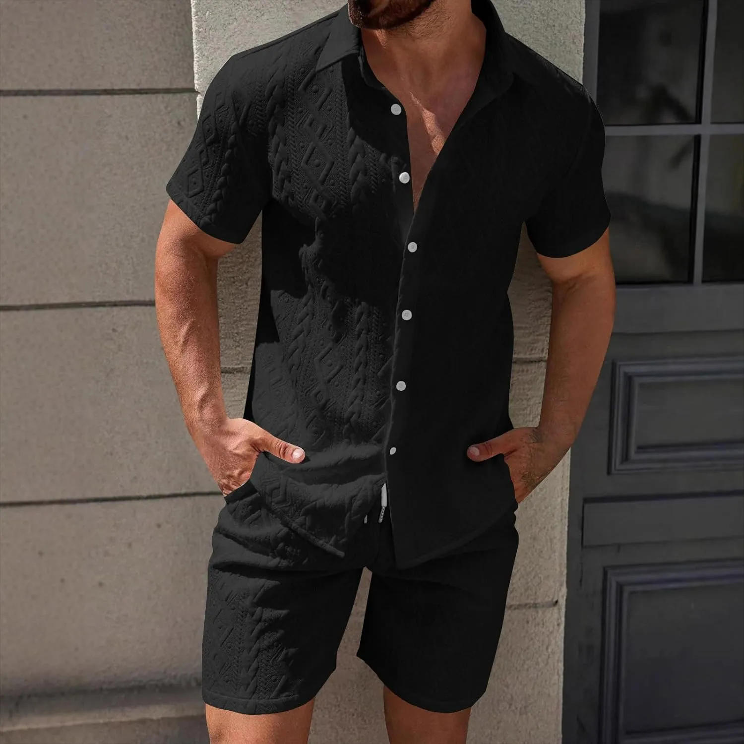 Mens 2 Piece Outfits Summer Fashion Casual Beach Vacation Button down Short Sleeve Solid Shirt with Shorts Lounge Set