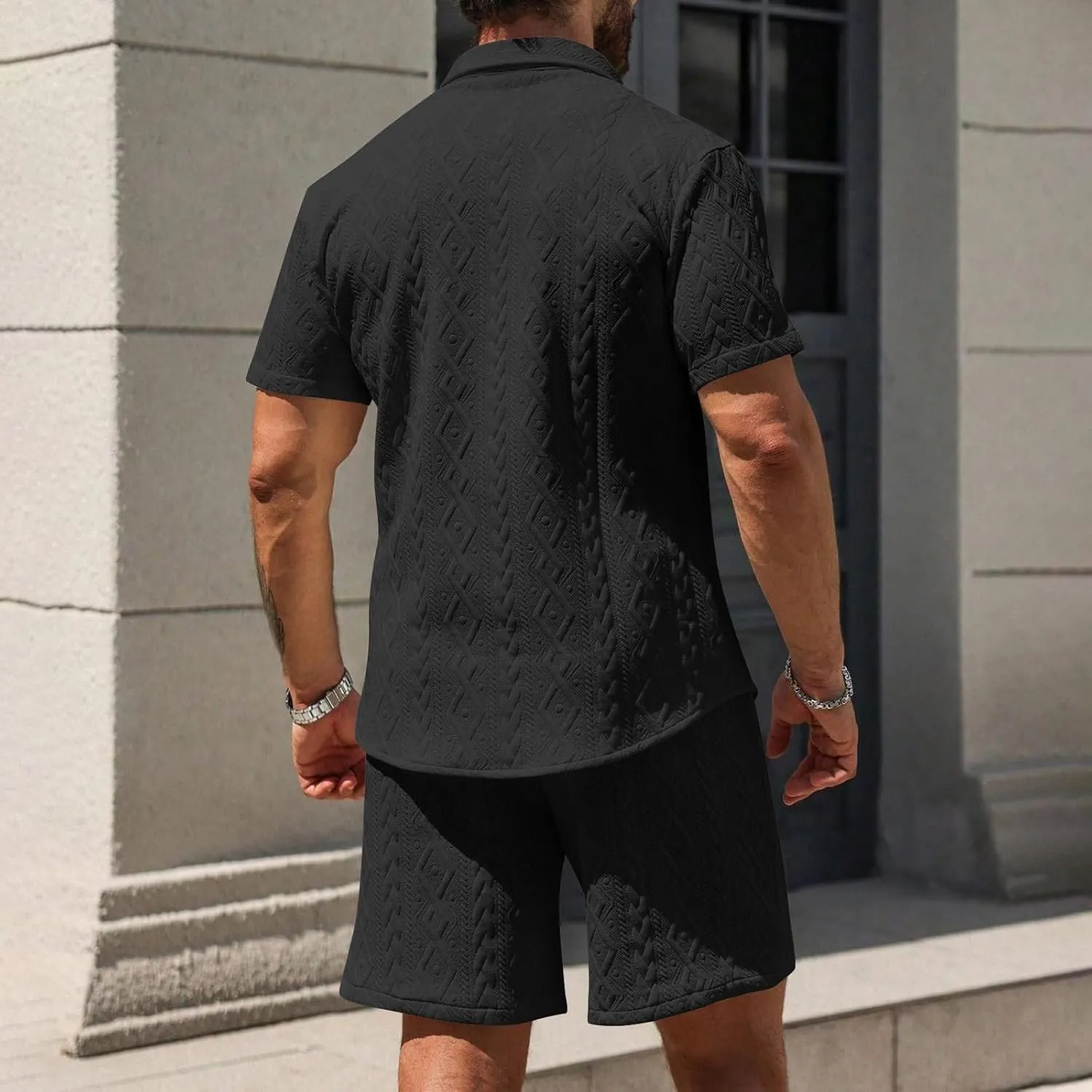 Mens 2 Piece Outfits Summer Fashion Casual Beach Vacation Button down Short Sleeve Solid Shirt with Shorts Lounge Set