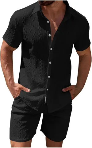 Mens 2 Piece Outfits Summer Fashion Casual Beach Vacation Button down Short Sleeve Solid Shirt with Shorts Lounge Set