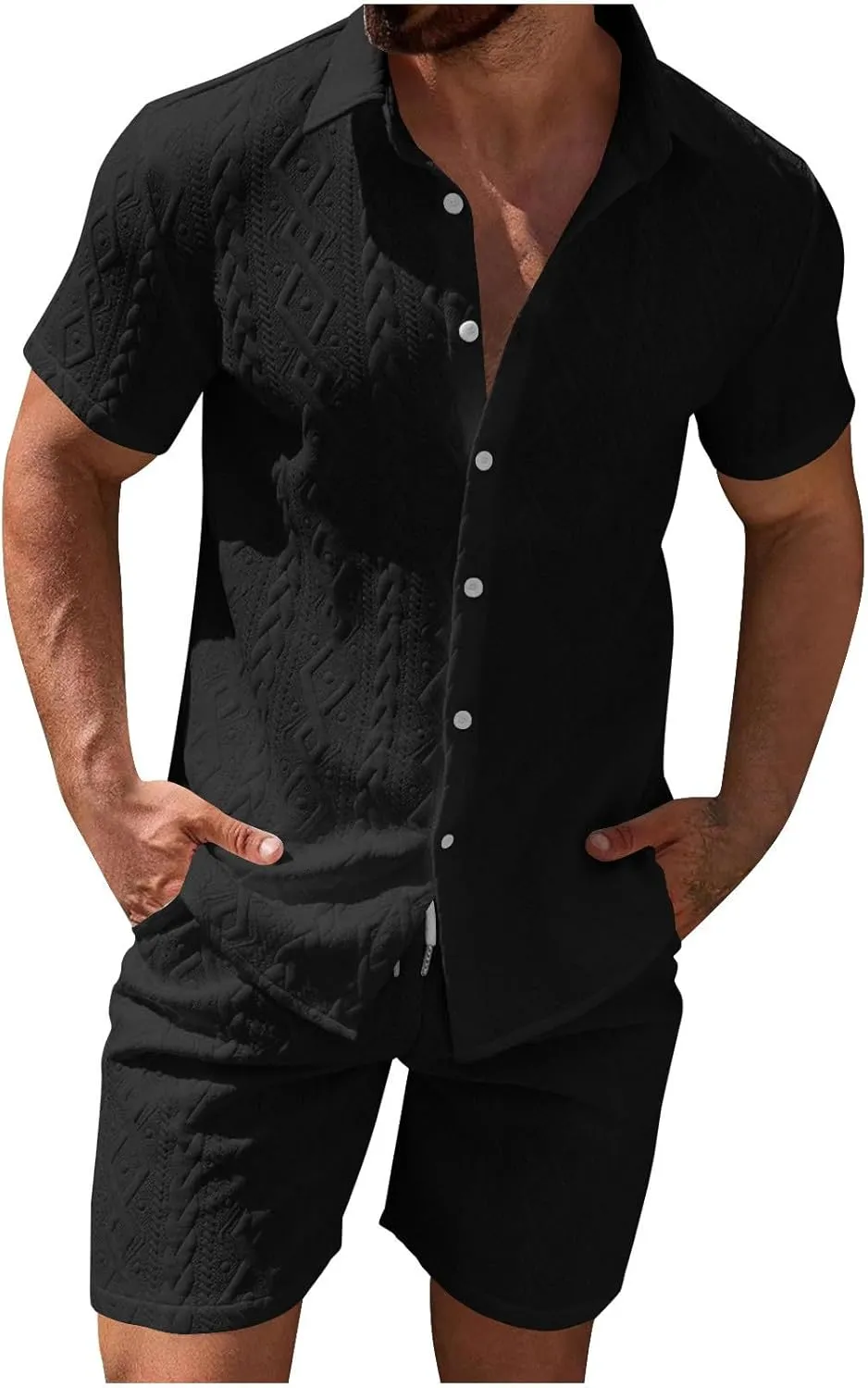Mens 2 Piece Outfits Summer Fashion Casual Beach Vacation Button down Short Sleeve Solid Shirt with Shorts Lounge Set