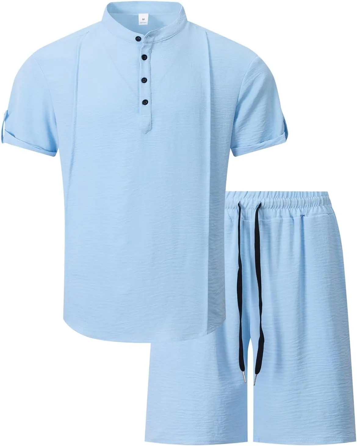 Mens 2 Piece Outfits Summer Lightweight Casual Beach Resort Wear Short Sleeve Henley Shirts with Baggy Bermuda Shorts