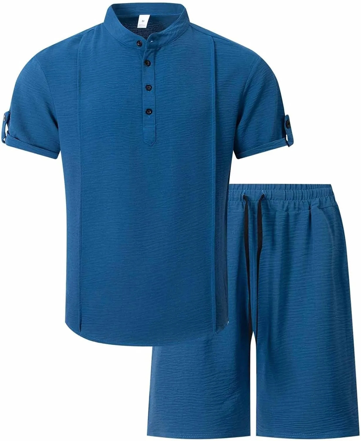 Mens 2 Piece Outfits Summer Lightweight Casual Beach Resort Wear Short Sleeve Henley Shirts with Baggy Bermuda Shorts