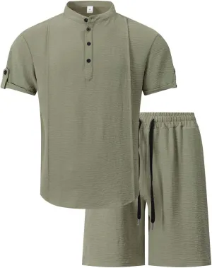 Mens 2 Piece Outfits Summer Lightweight Casual Beach Resort Wear Short Sleeve Henley Shirts with Baggy Bermuda Shorts