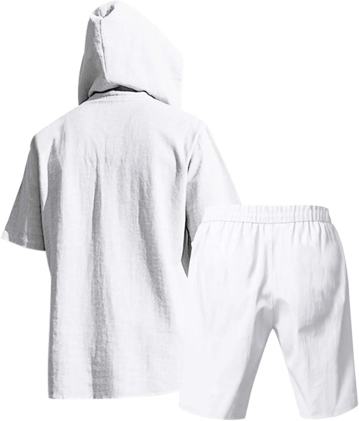 Mens Beach Outfits 2 Piece Linen Set Casual Button up Short Sleeve Hooded Shirt and Shorts Set Retro Boho Resort Wear