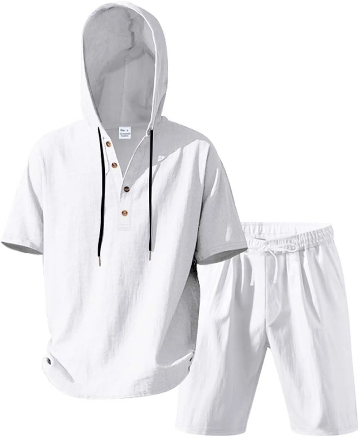 Mens Beach Outfits 2 Piece Linen Set Casual Button up Short Sleeve Hooded Shirt and Shorts Set Retro Boho Resort Wear