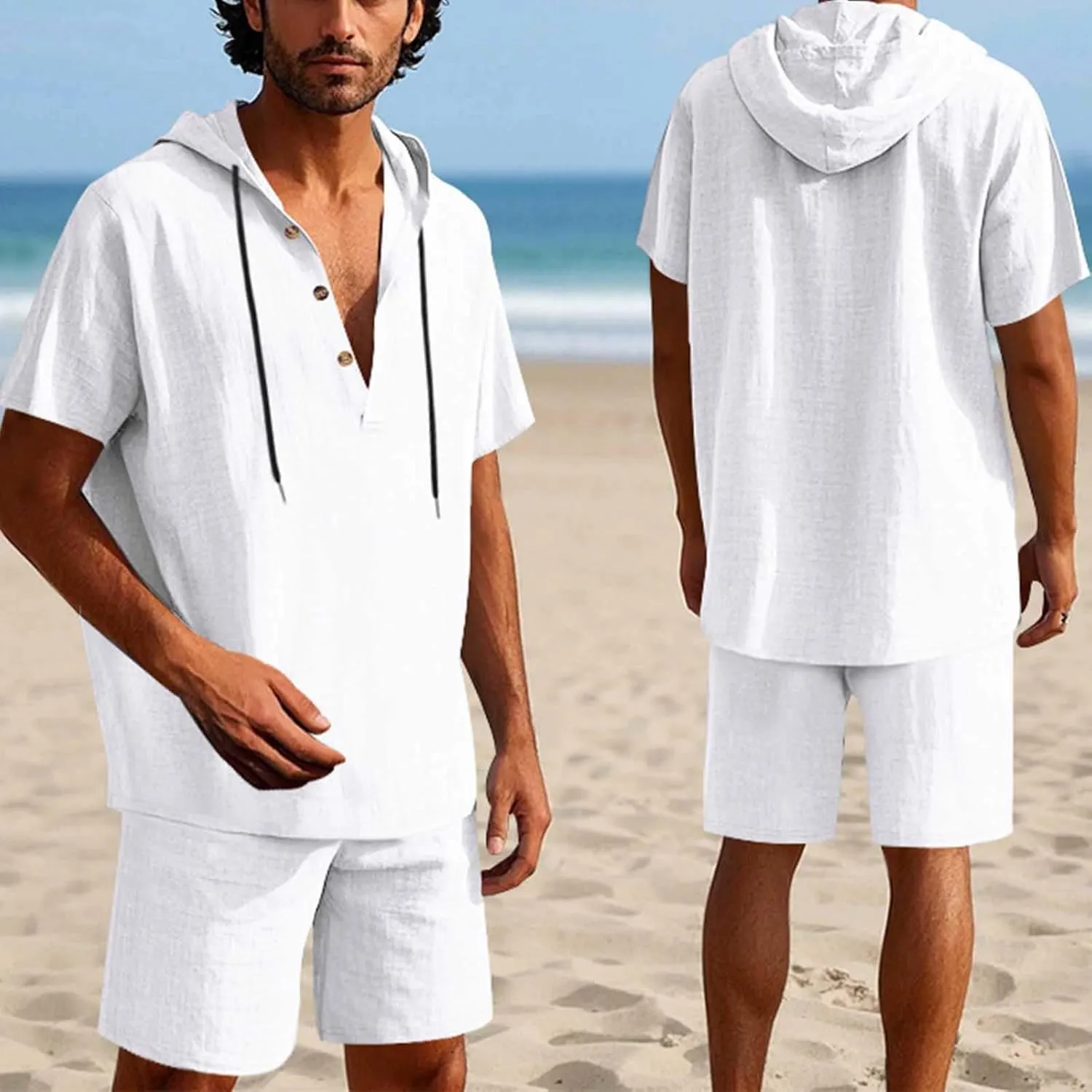 Mens Beach Outfits 2 Piece Linen Set Casual Button up Short Sleeve Hooded Shirt and Shorts Set Retro Boho Resort Wear