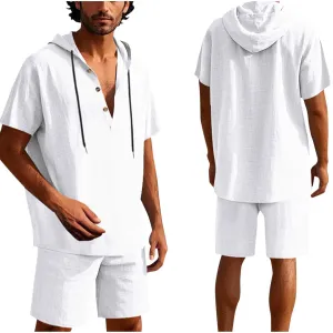 Mens Beach Outfits 2 Piece Linen Set Casual Button up Short Sleeve Hooded Shirt and Shorts Set Retro Boho Resort Wear
