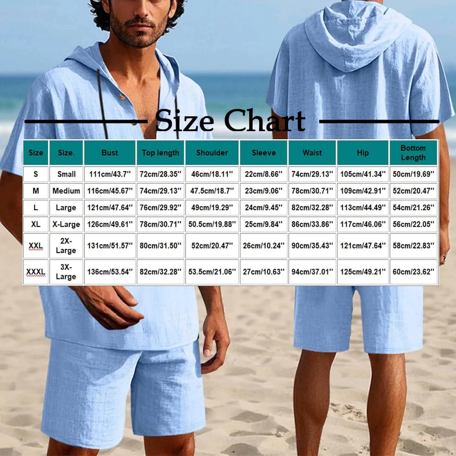 Mens Beach Outfits 2 Piece Linen Set Casual Button up Short Sleeve Hooded Shirt and Shorts Set Retro Boho Resort Wear