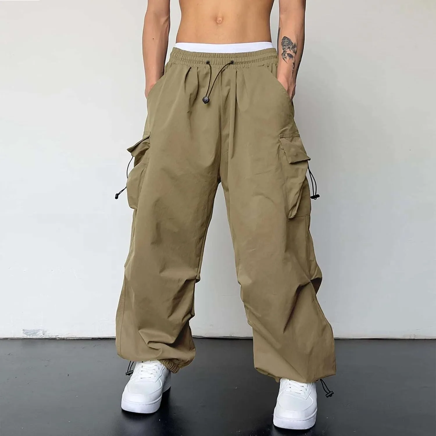 Mens Cargo Pant Elastic Waist Men Work Pant Multi Pockets Casual Wide Leg Sweatpants