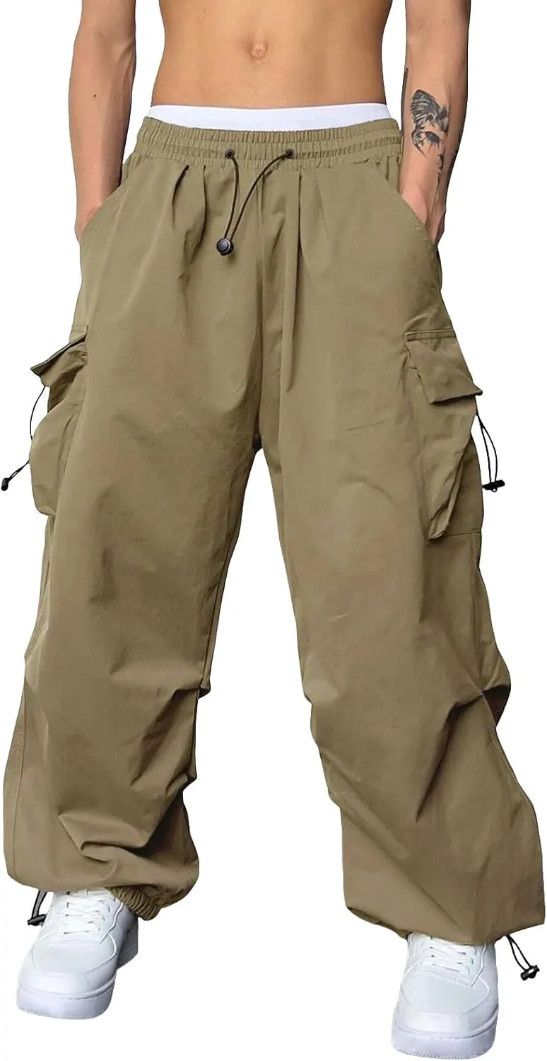 Mens Cargo Pant Elastic Waist Men Work Pant Multi Pockets Casual Wide Leg Sweatpants