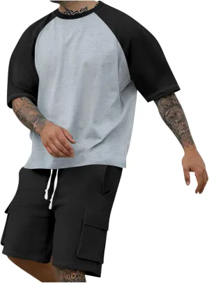 Mens Casual 2 Piece Outfits Fashion Summe Color Block Short Sleeve Tshirt and Loose Drawstring Cargo Shorts Sweatsuit
