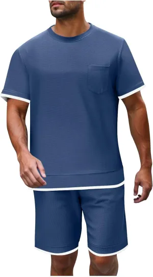 Mens Casual 2 Piece Outfits Summer Fashion Short Sleeve Colorblock Athletic Shirt and Drawstring Shorts Sweatsuit Set