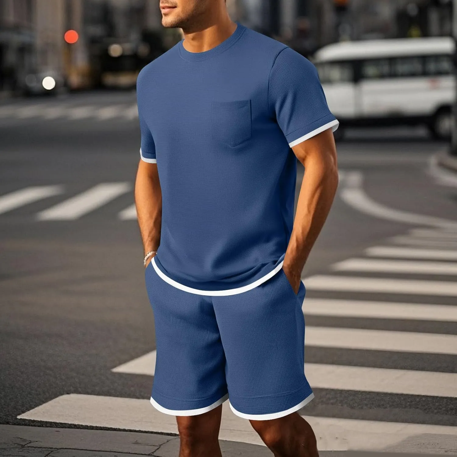 Mens Casual 2 Piece Outfits Summer Fashion Short Sleeve Colorblock Athletic Shirt and Drawstring Shorts Sweatsuit Set