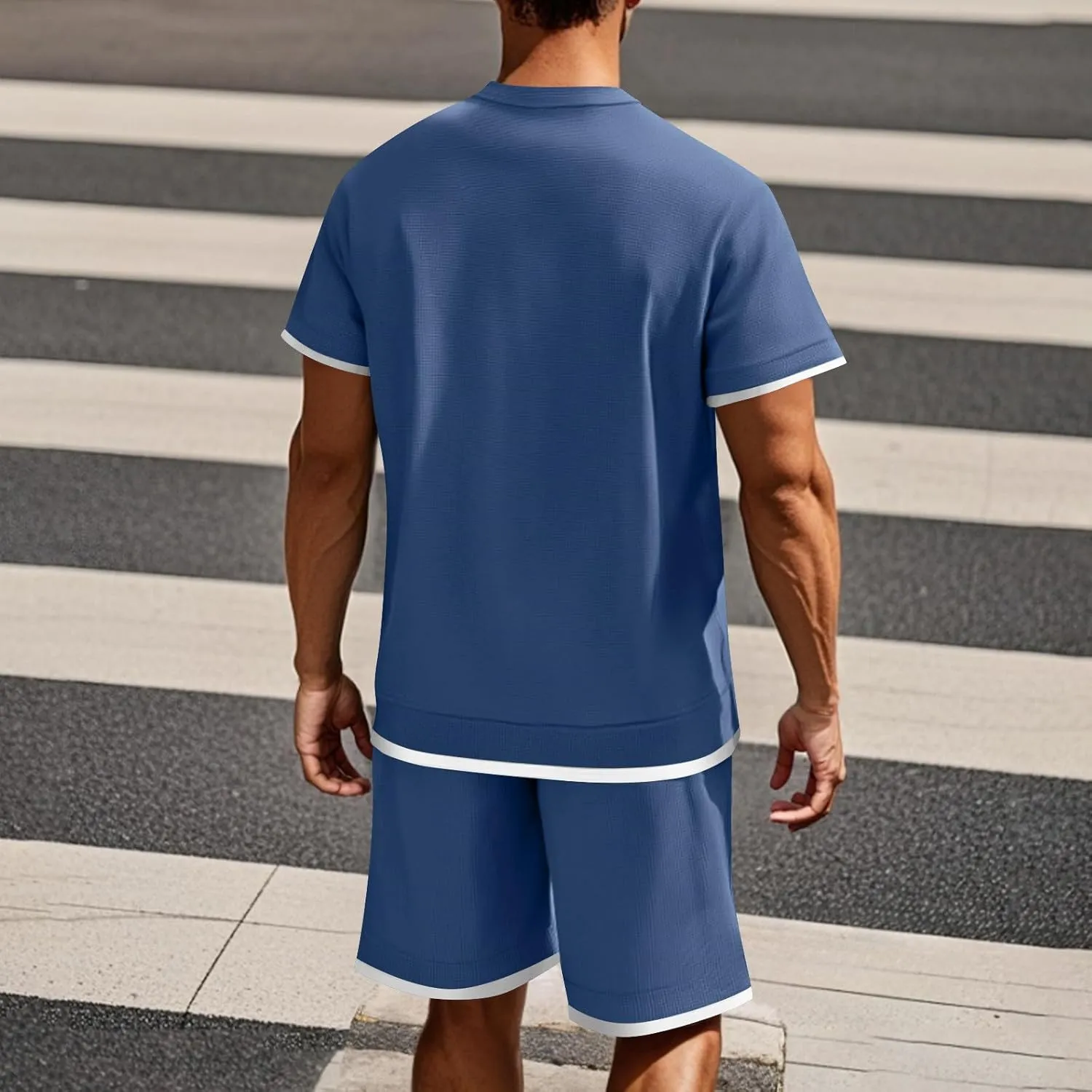 Mens Casual 2 Piece Outfits Summer Fashion Short Sleeve Colorblock Athletic Shirt and Drawstring Shorts Sweatsuit Set
