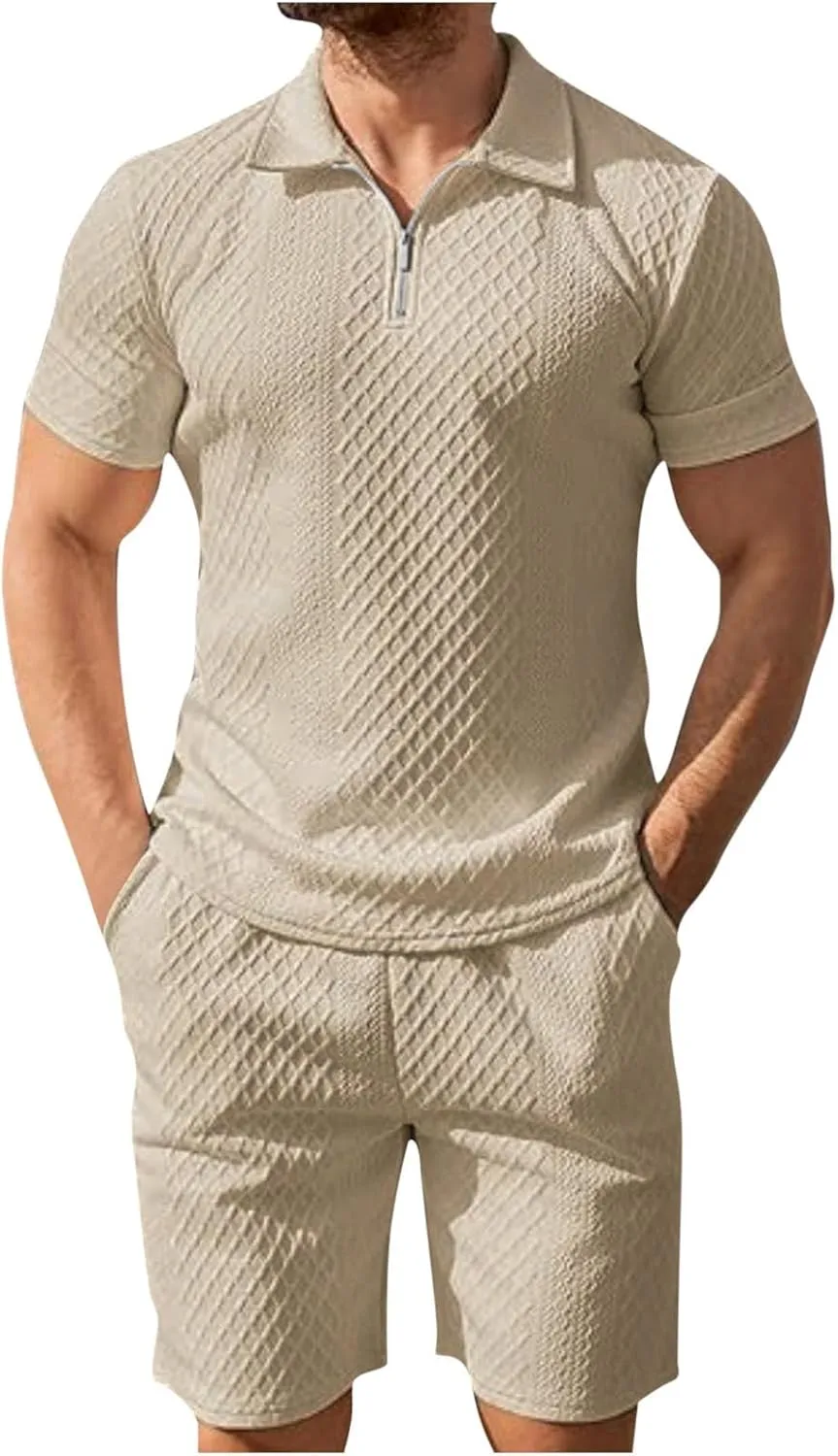 Mens Casual 2 Piece Outfits Summer Fashion Solid Texture Short Sleeve Polos Shirts and Shorts Lounge Sets with Pocket