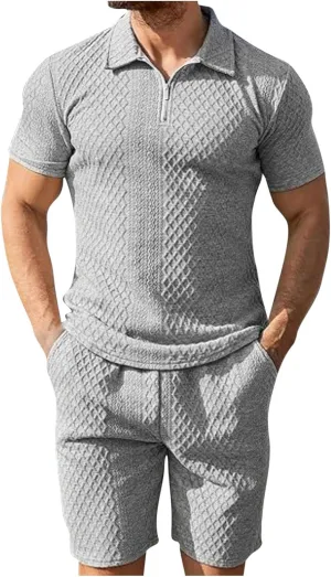 Mens Casual 2 Piece Outfits Summer Fashion Solid Texture Short Sleeve Polos Shirts and Shorts Lounge Sets with Pocket
