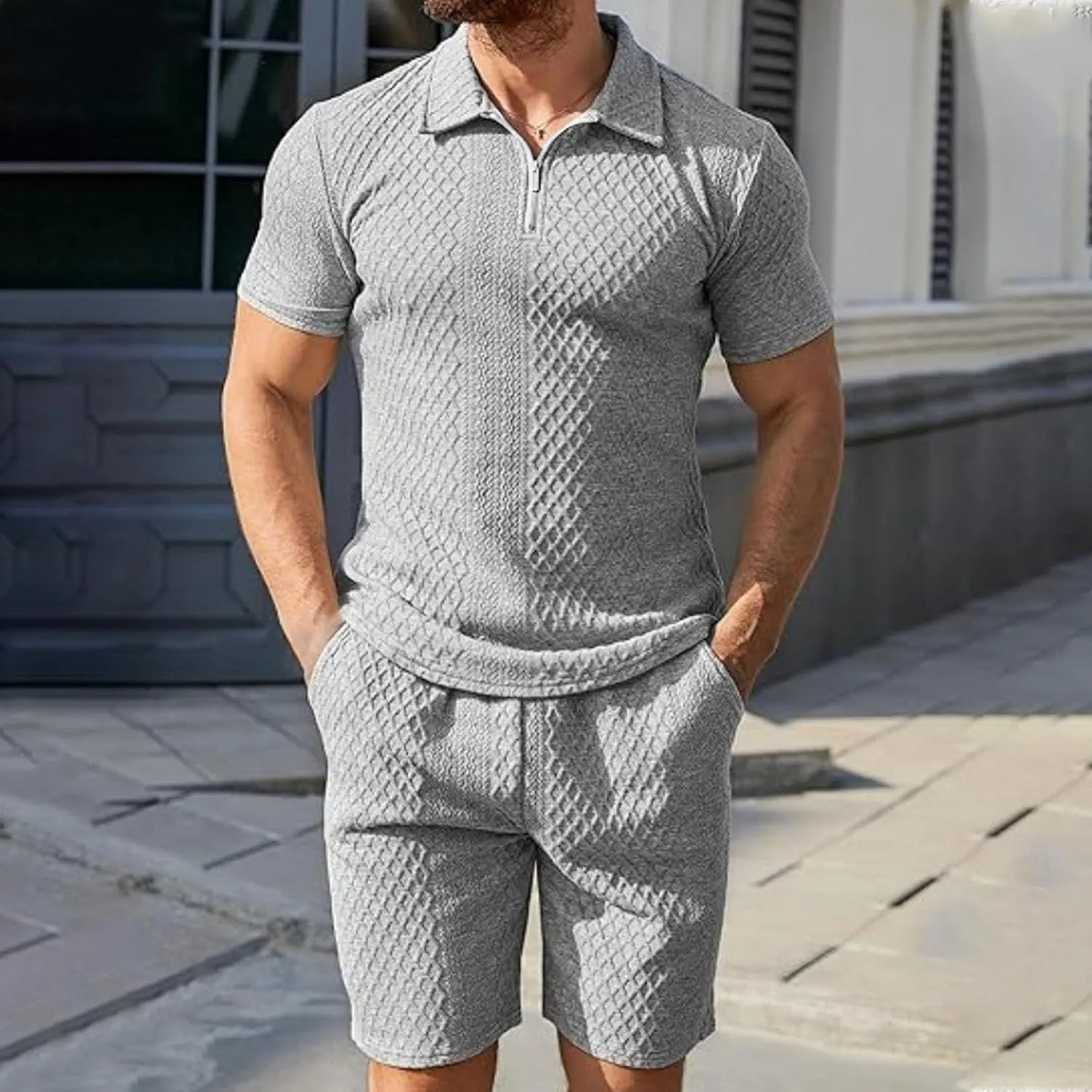 Mens Casual 2 Piece Outfits Summer Fashion Solid Texture Short Sleeve Polos Shirts and Shorts Lounge Sets with Pocket
