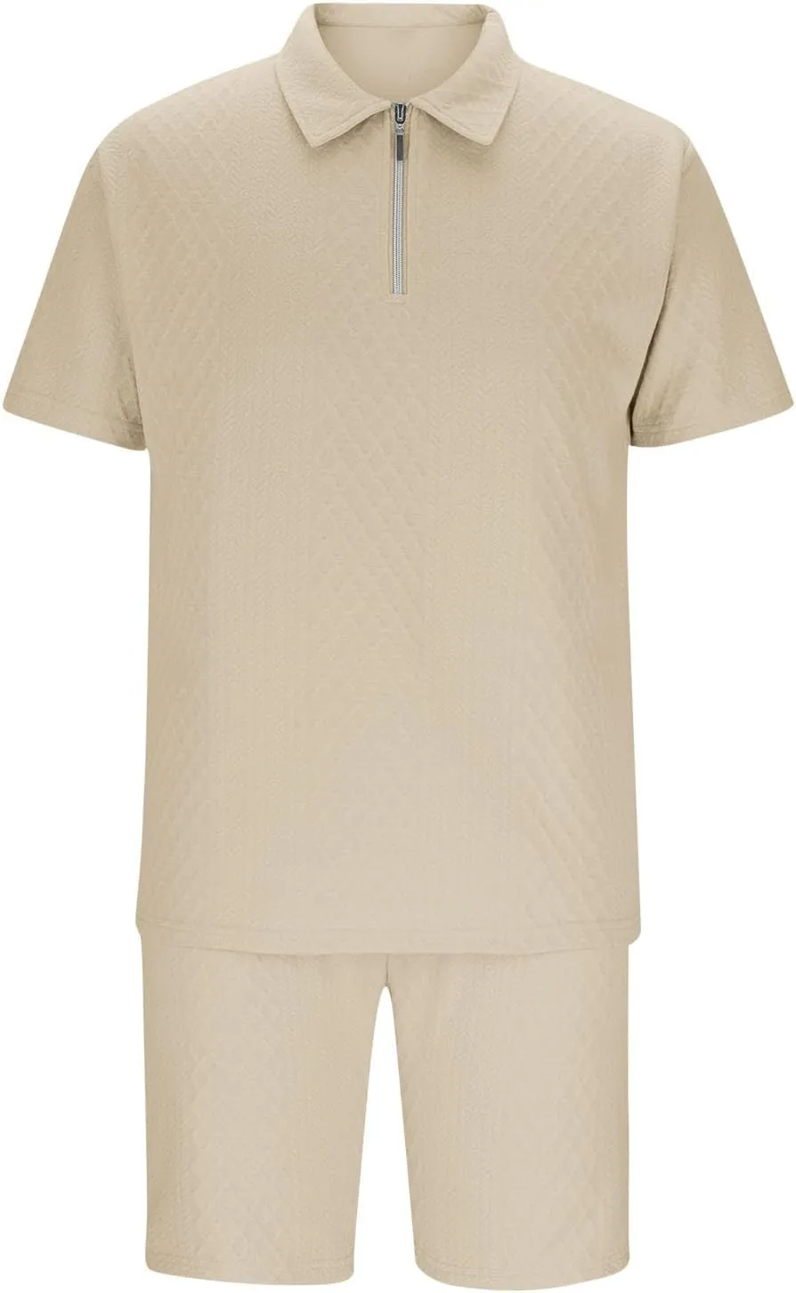 Mens Casual 2 Piece Outfits Summer Fashion Solid Texture Short Sleeve Polos Shirts and Shorts Lounge Sets with Pocket