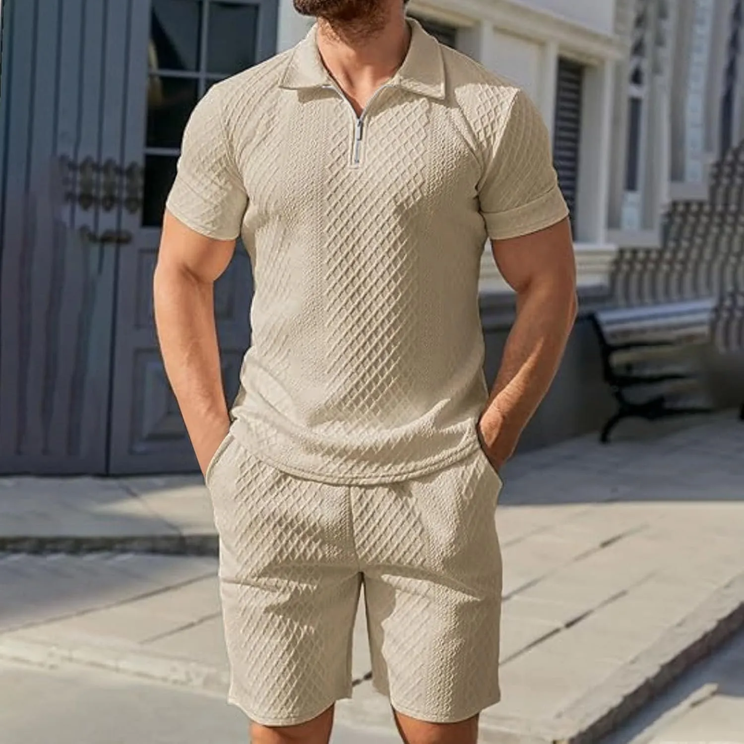 Mens Casual 2 Piece Outfits Summer Fashion Solid Texture Short Sleeve Polos Shirts and Shorts Lounge Sets with Pocket