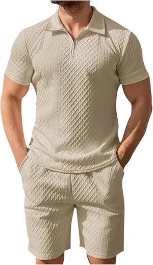 Mens Casual 2 Piece Outfits Summer Fashion Solid Texture Short Sleeve Polos Shirts and Shorts Lounge Sets with Pocket