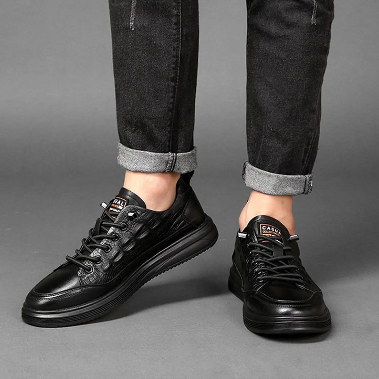 Men's Genuine Leather Lace-Up Oxford Sneakers Comfortable Round Toe Soft Sole Slip On Driving Flats Breathable Non-Slip Casual Walking Shoes