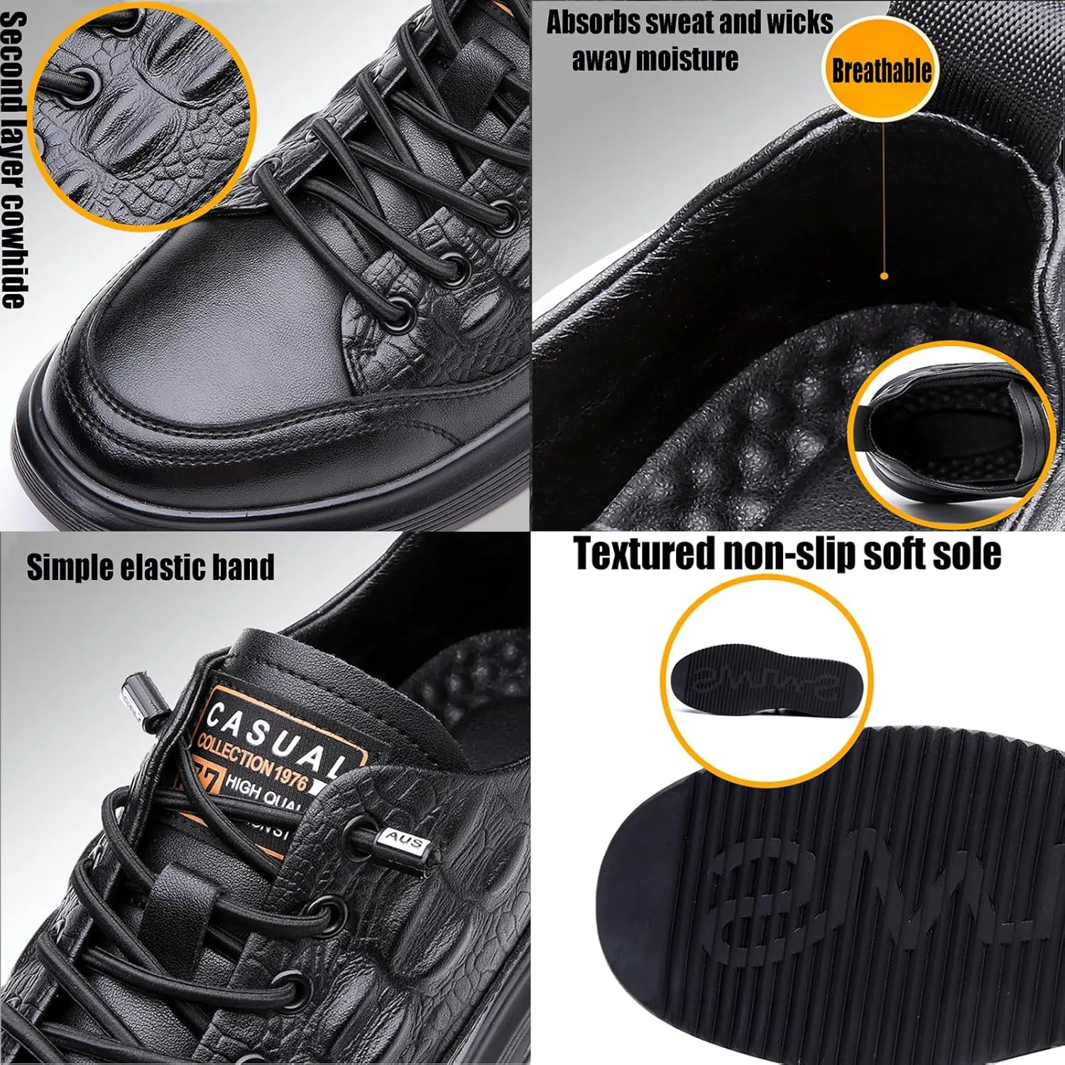 Men's Genuine Leather Lace-Up Oxford Sneakers Comfortable Round Toe Soft Sole Slip On Driving Flats Breathable Non-Slip Casual Walking Shoes