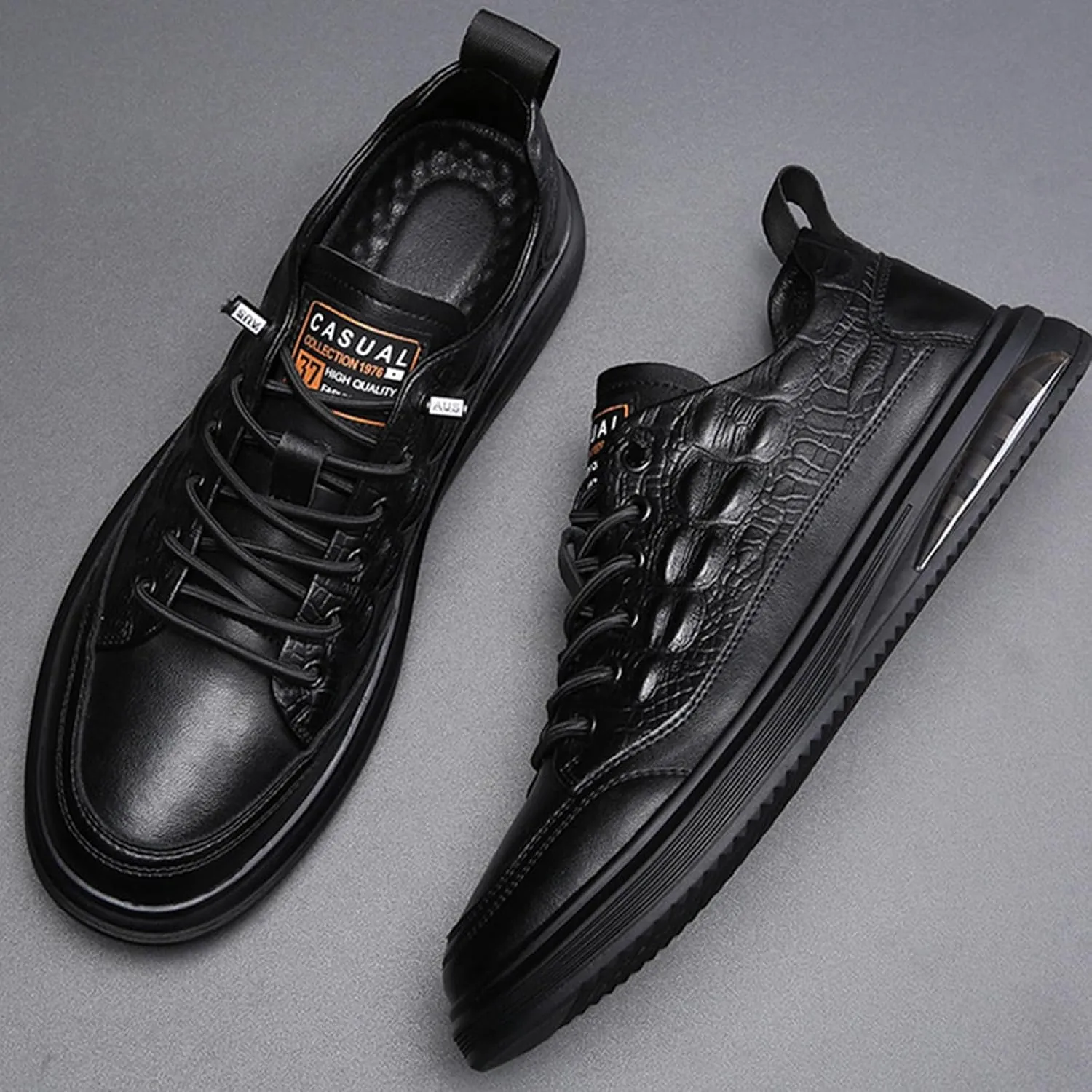 Men's Genuine Leather Lace-Up Oxford Sneakers Comfortable Round Toe Soft Sole Slip On Driving Flats Breathable Non-Slip Casual Walking Shoes