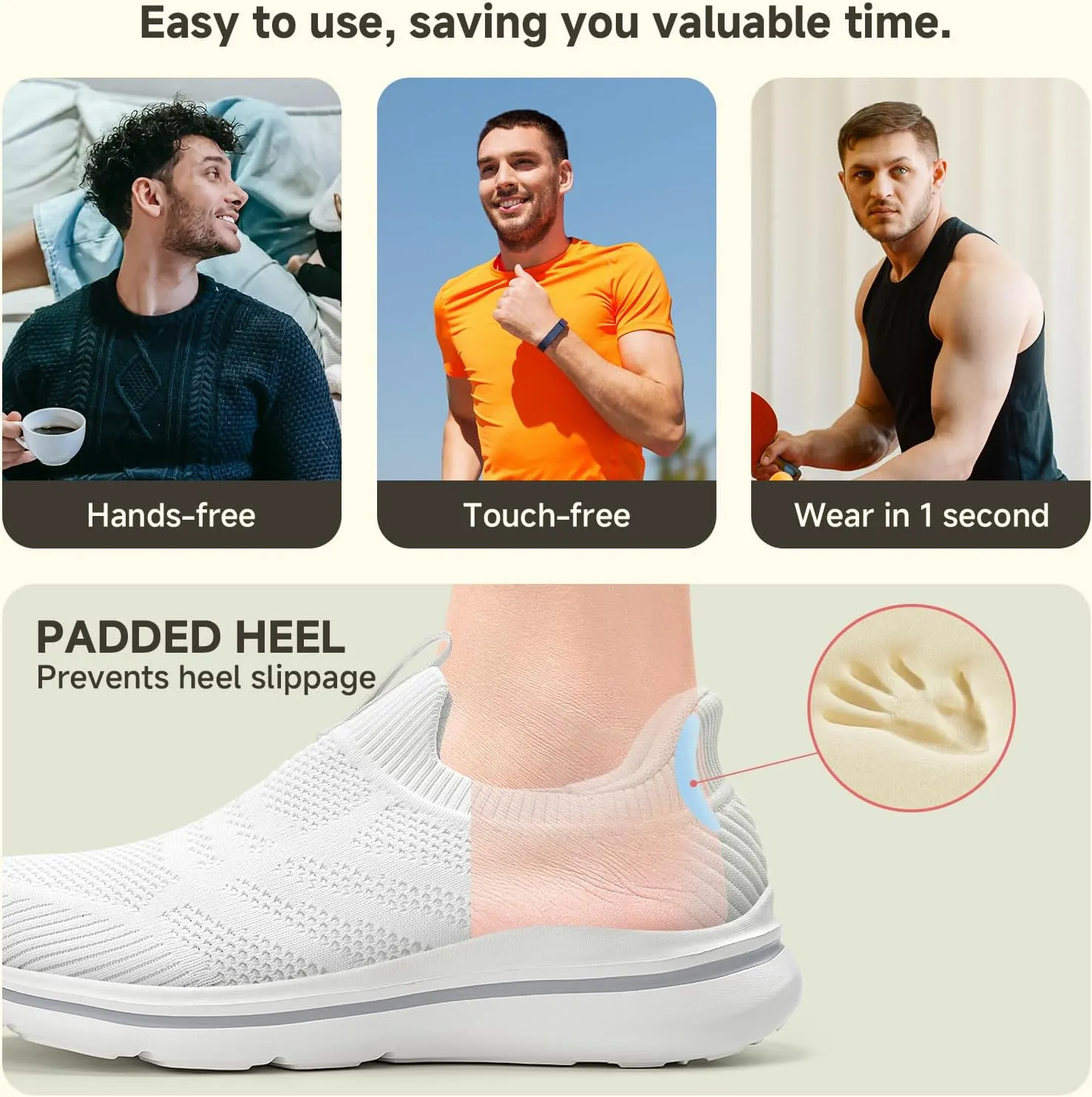 Men's Hands-Free Slip On Sneakers | Laceless Walking Shoes for Gym/Travel/Office