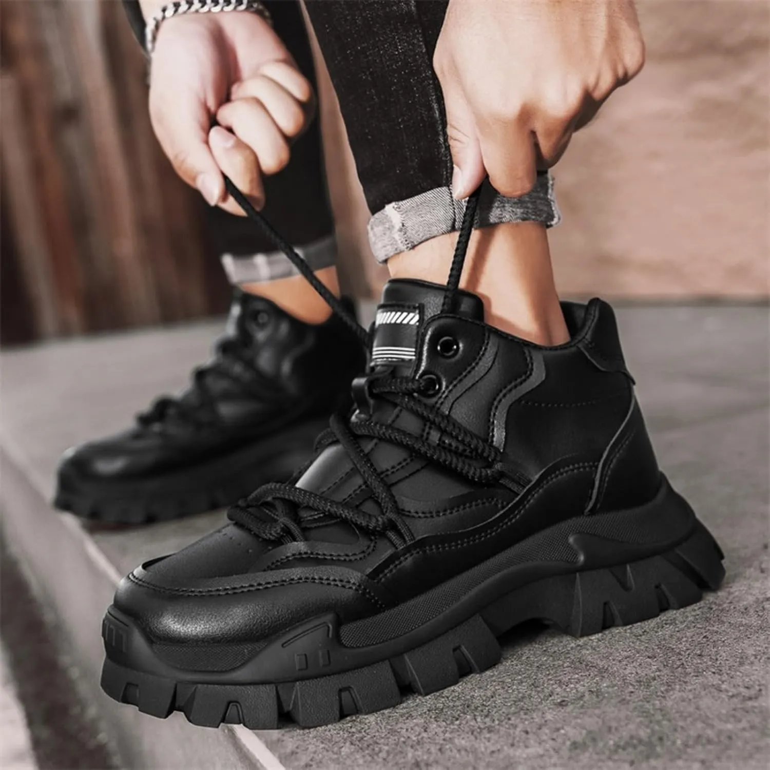 Men'S High-Top Leather Hiking Boots With Anti-Slip Sole Urban Outdoor Casual Shoes For Trekking & Sport Fashion