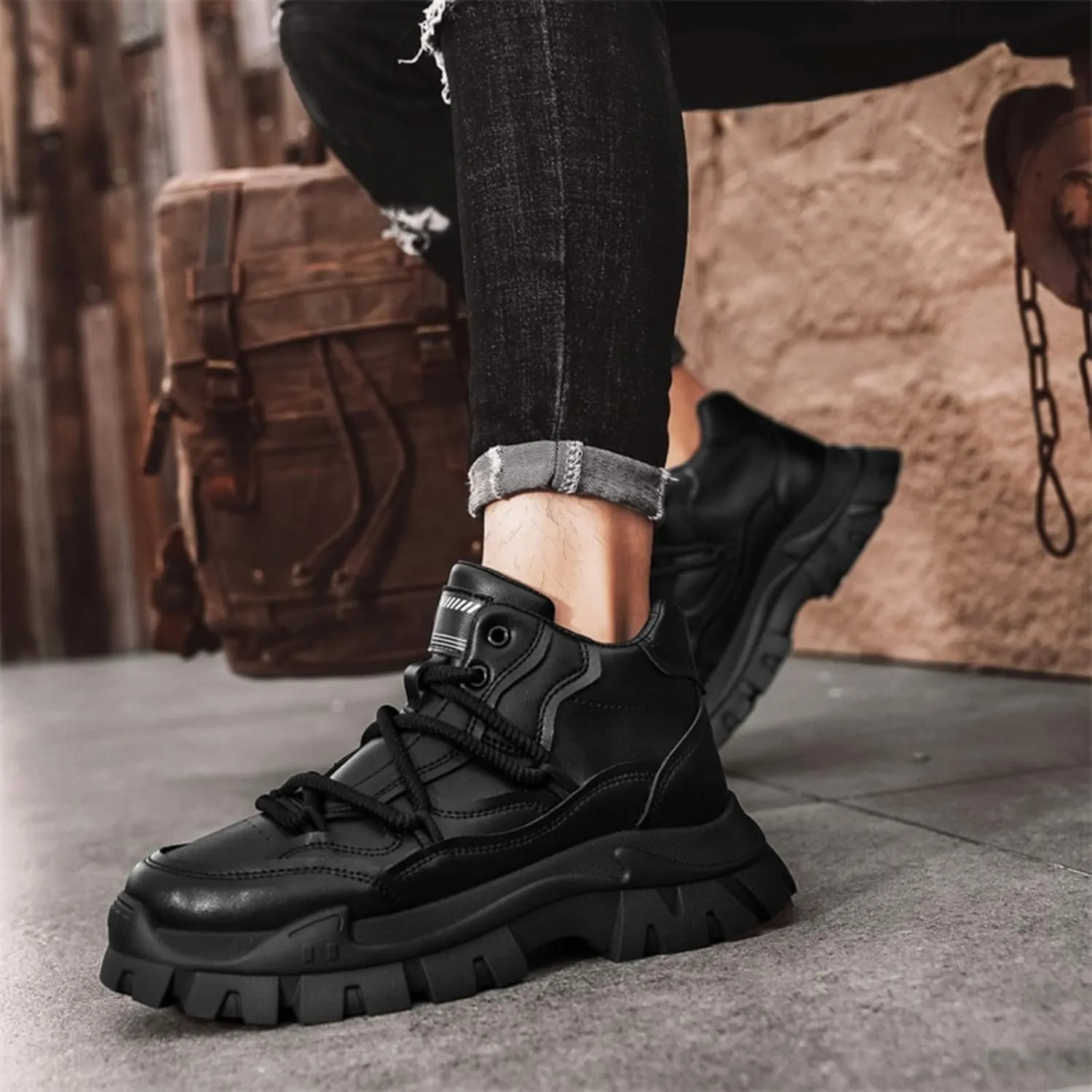 Men'S High-Top Leather Hiking Boots With Anti-Slip Sole Urban Outdoor Casual Shoes For Trekking & Sport Fashion