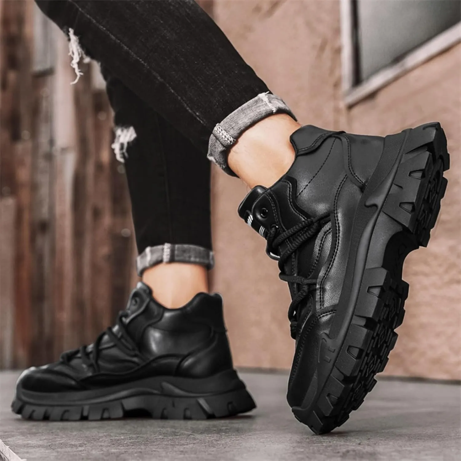 Men'S High-Top Leather Hiking Boots With Anti-Slip Sole Urban Outdoor Casual Shoes For Trekking & Sport Fashion