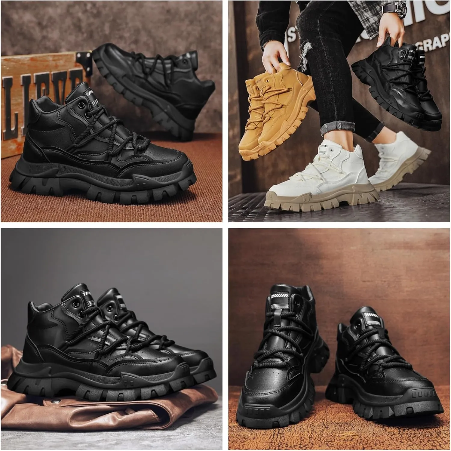 Men'S High-Top Leather Hiking Boots With Anti-Slip Sole Urban Outdoor Casual Shoes For Trekking & Sport Fashion