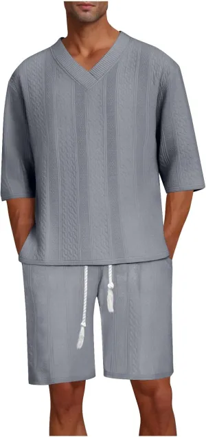 Mens Lounge Sets 2 Piece Big and Tall V Neck Short Sleeve Shirt with Shorts Set Summer Vacation Solid Texture Outfits